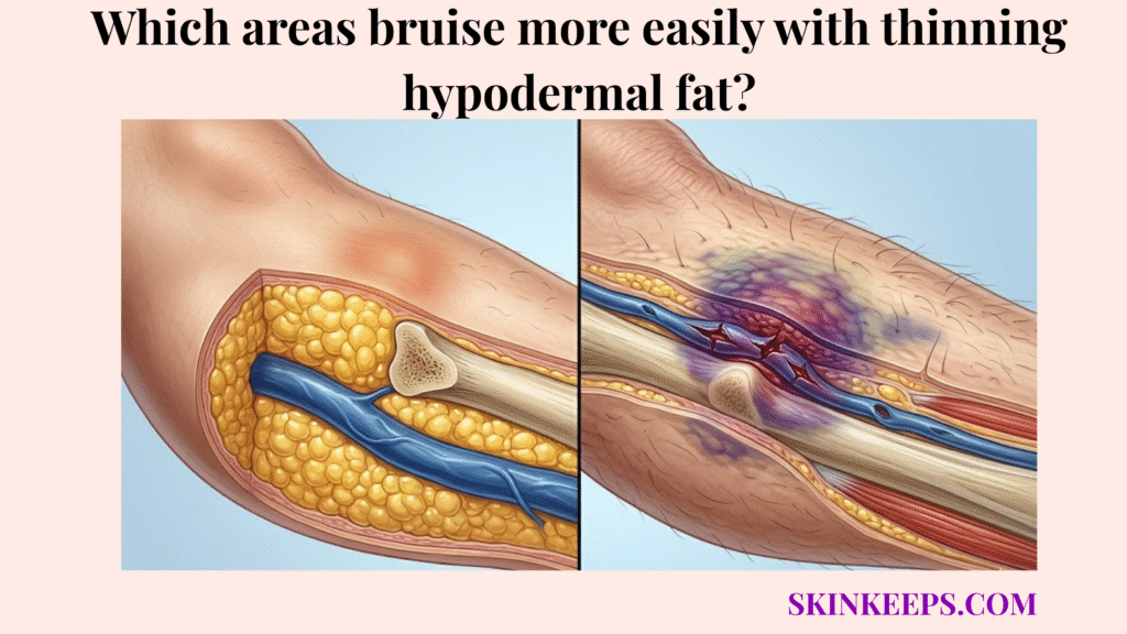 Areas bruise more easily with thinning hypodermal fat