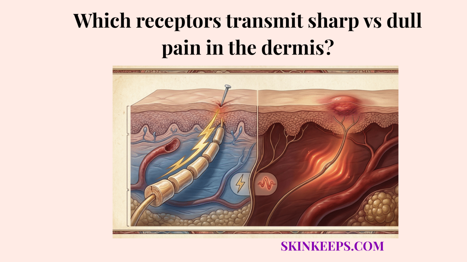 Which receptors transmit sharp vs dull pain in the dermis?