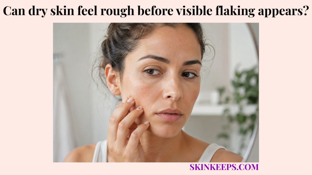 Woman gently touching rough-feeling facial skin before visible flaking appears.