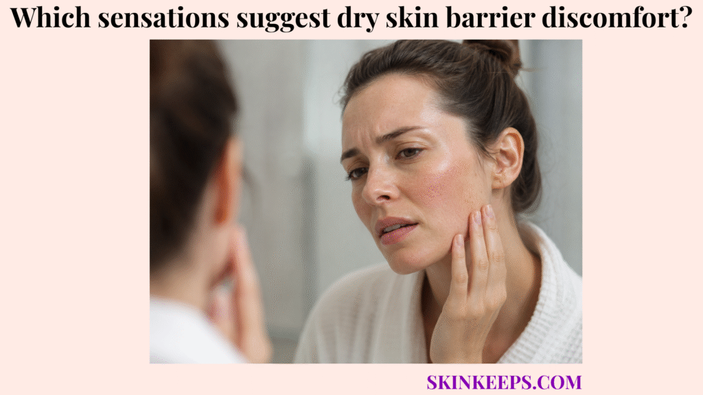 Person touching irritated facial skin while checking dry skin barrier discomfort in a mirror