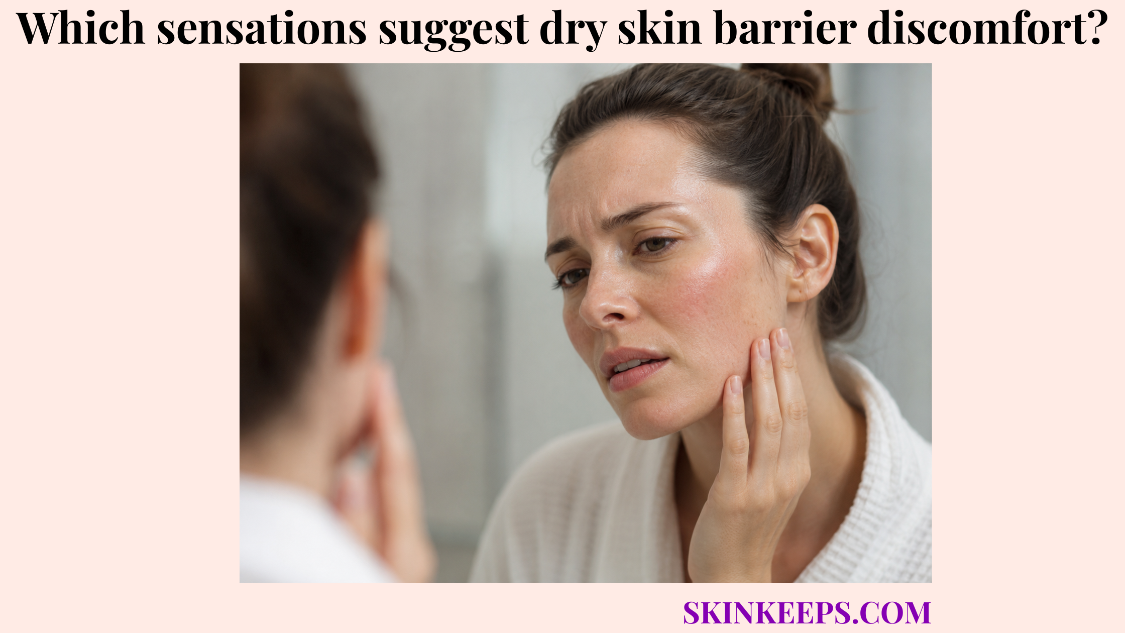 Person touching irritated facial skin while checking dry skin barrier discomfort in a mirror