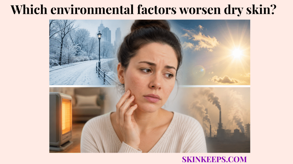 Woman touching dry facial skin while cold weather, sun, indoor heat, and pollution appear around her.