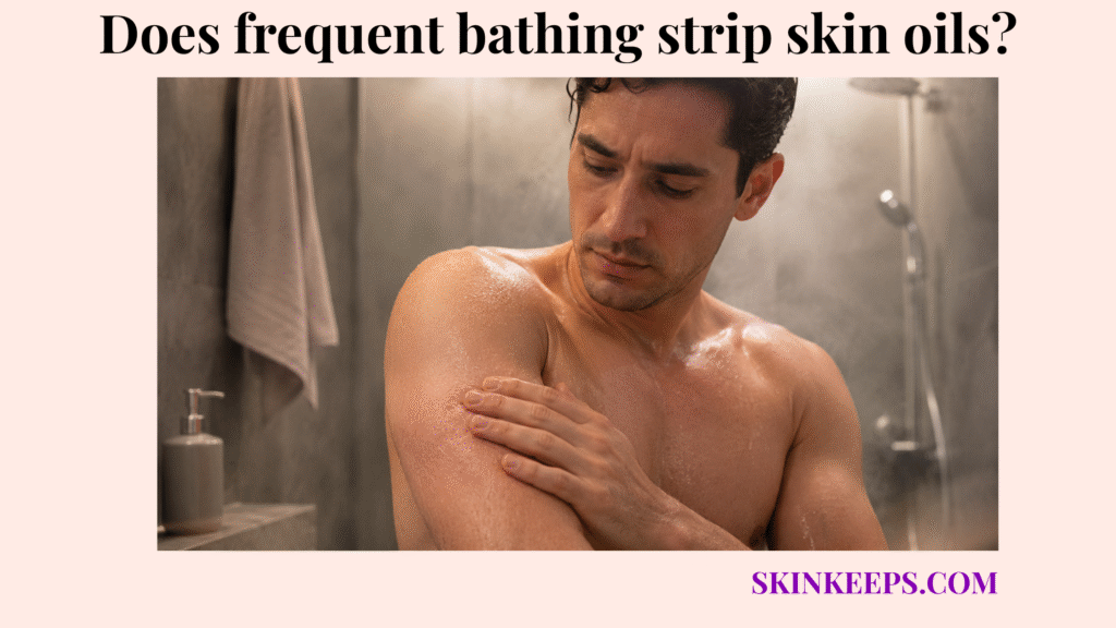 Realistic image of a man after bathing, touching his damp upper arm where the skin appears slightly dry, rough, and depleted.