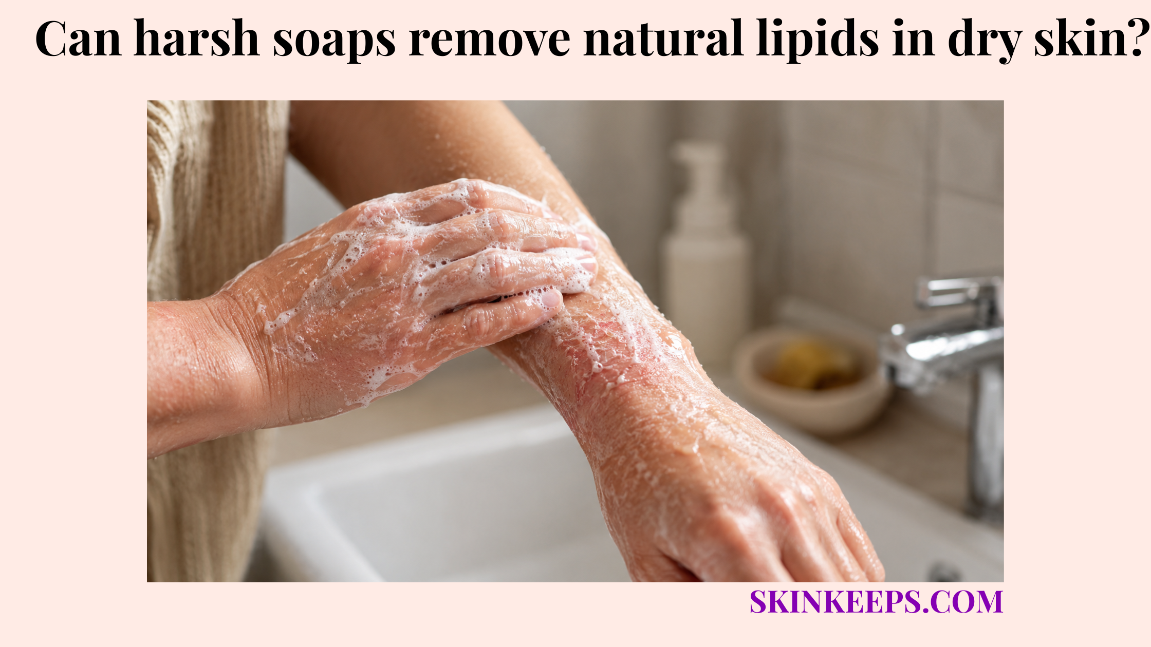 Realistic image of dry, irritated skin being washed with foamy soap, showing redness and rough texture on the wrist and forearm.