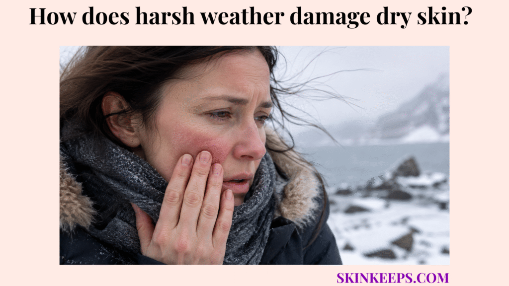 Realistic image of a woman in cold, windy weather touching a red, dry, irritated cheek with visible rough skin texture.