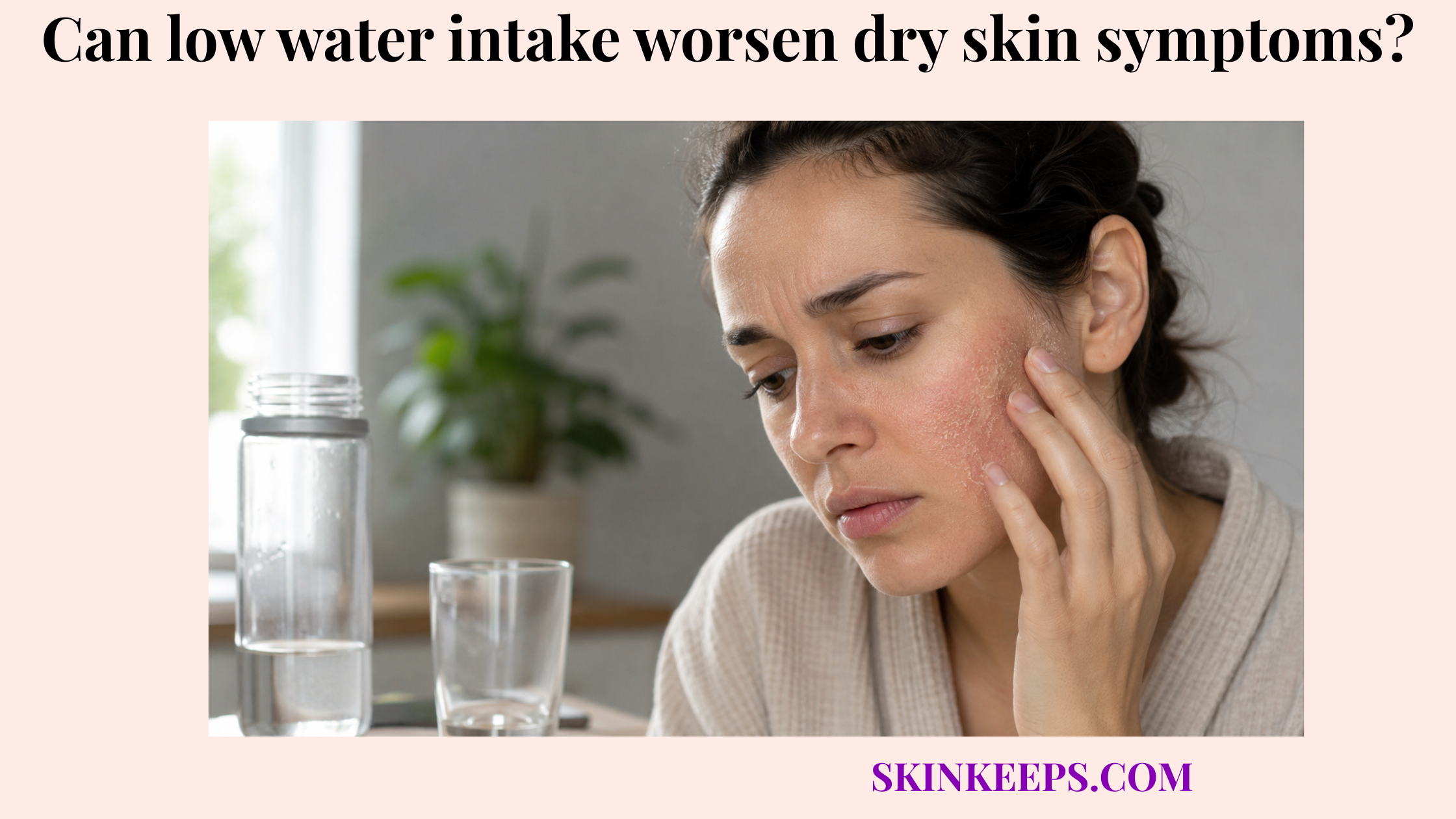 Realistic image of a woman touching dry, flaky facial skin beside a water bottle and glass, suggesting low water intake and dry skin symptoms.