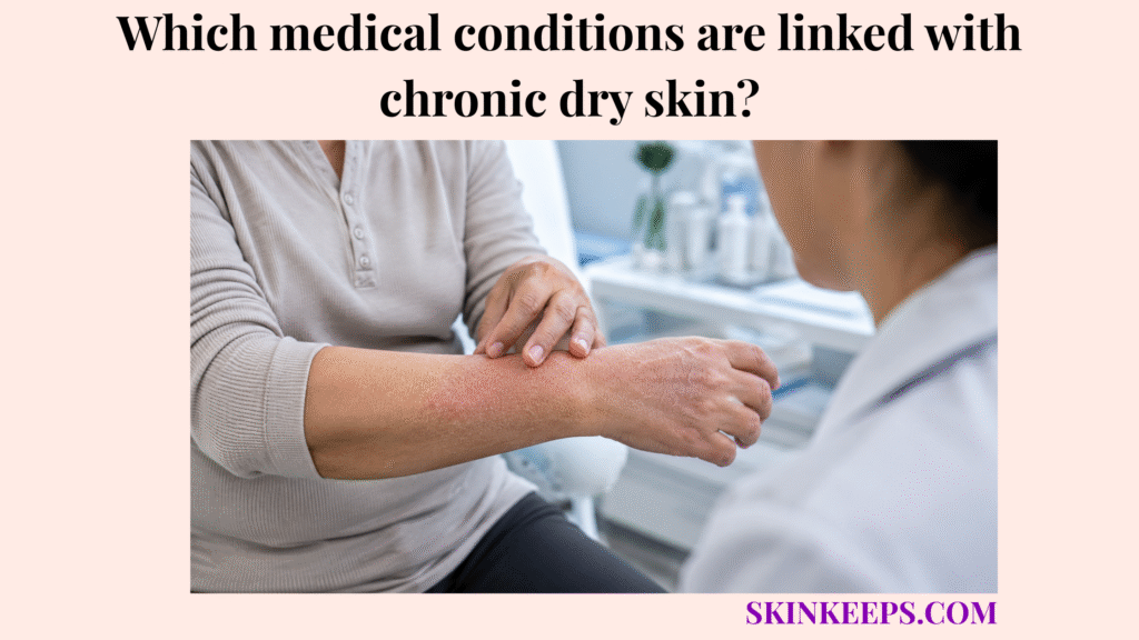Realistic illustration of a patient showing chronic dry, flaky skin on the forearm during a medical consultation with a clinician.