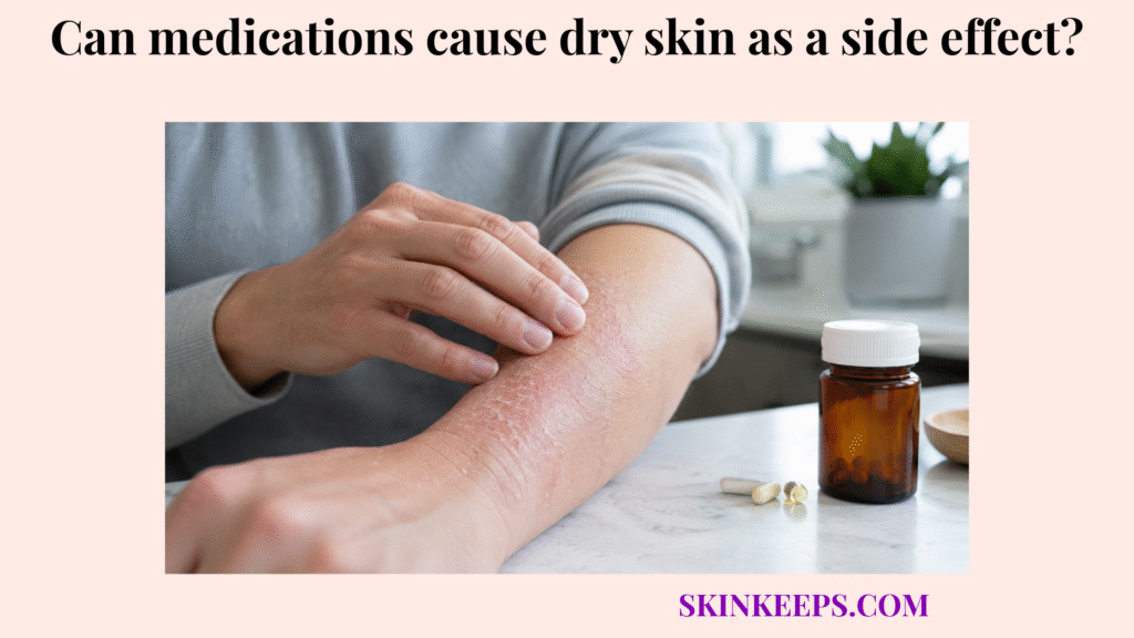 Realistic image of a person touching dry, flaky skin on the forearm beside an unlabeled medication bottle and pills.