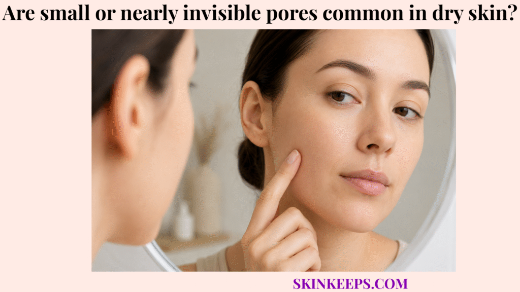 Person examining smooth facial skin with small, nearly invisible pores in a bathroom mirror