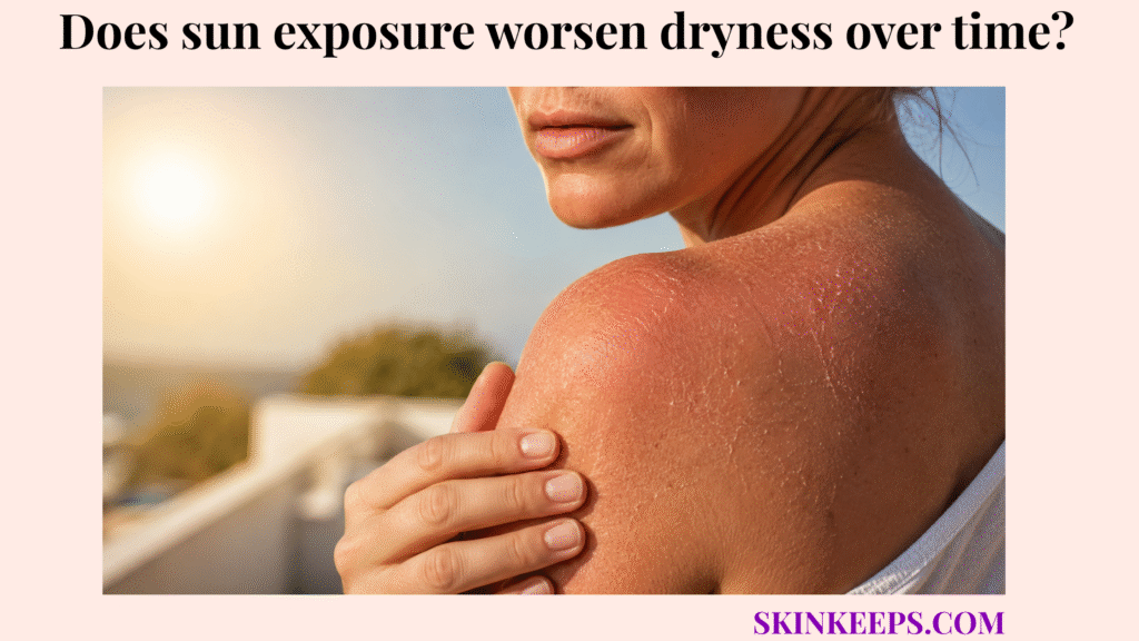 Realistic image of sun-exposed shoulder skin showing redness, dryness, and subtle flaking while a person gently touches the irritated area.