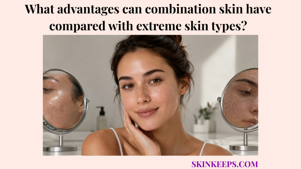 Realistic skincare image showing balanced combination skin between oily and dry skin reflections in bathroom mirrors.