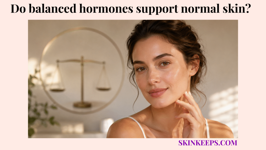 Realistic portrait of healthy normal skin with a soft balance motif in the background, suggesting how balanced hormones may support calm, even skin.