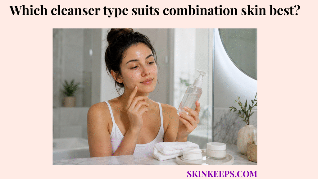 Realistic skincare image showing a woman with combination skin choosing a gentle cleanser in a clean bathroom setting.