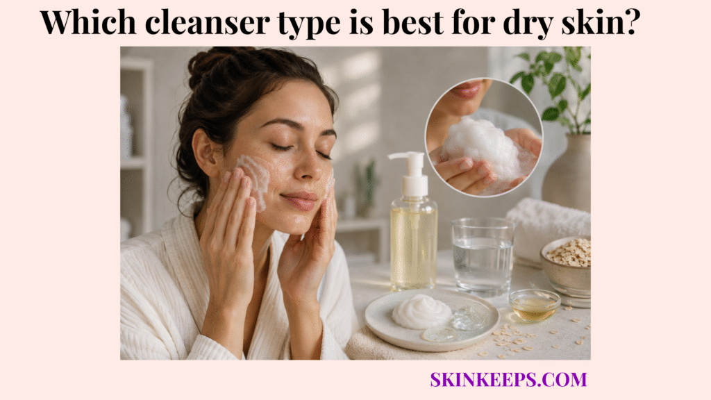 Woman gently cleansing her face with a soft foaming cleanser beside water, towel, oats, and gentle skincare products