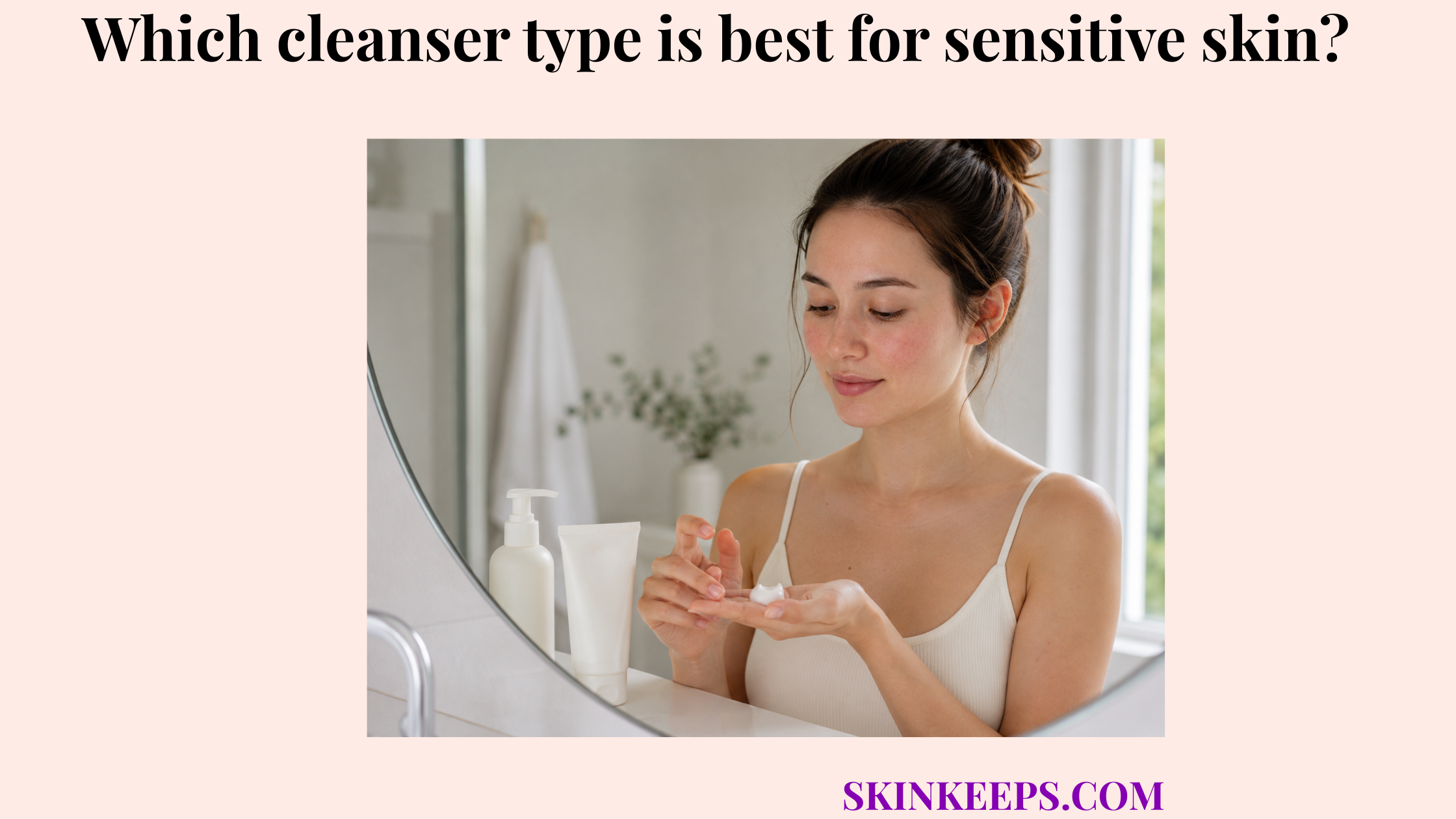 Realistic illustration of a woman with mild sensitive skin using a gentle cream cleanser in a calm bathroom setting.