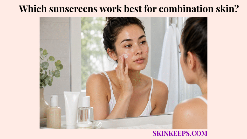 Realistic skincare image showing a woman with combination skin applying sunscreen in front of a bathroom mirror.