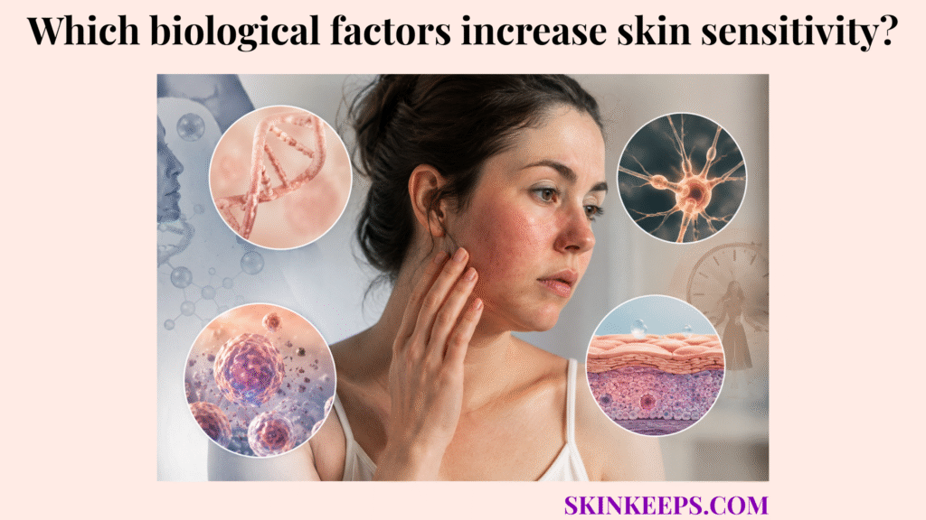Realistic dermatology-style illustration of a woman touching irritated sensitive skin, surrounded by visual symbols of DNA, nerves, skin barrier layers, and immune cells.