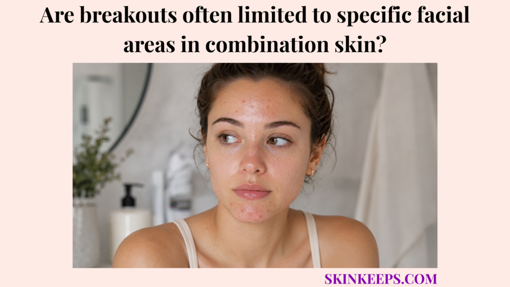 Realistic skincare image showing combination skin with breakouts mainly on the forehead, nose, and chin while the cheeks look calmer.