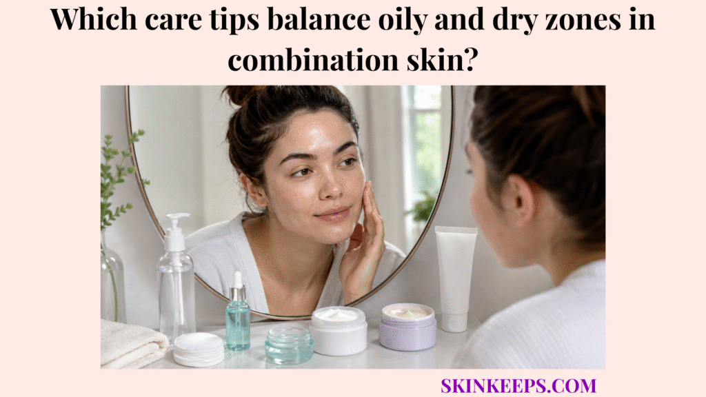 Realistic skincare image showing a gentle routine for combination skin with products to balance oily and dry facial zones.
