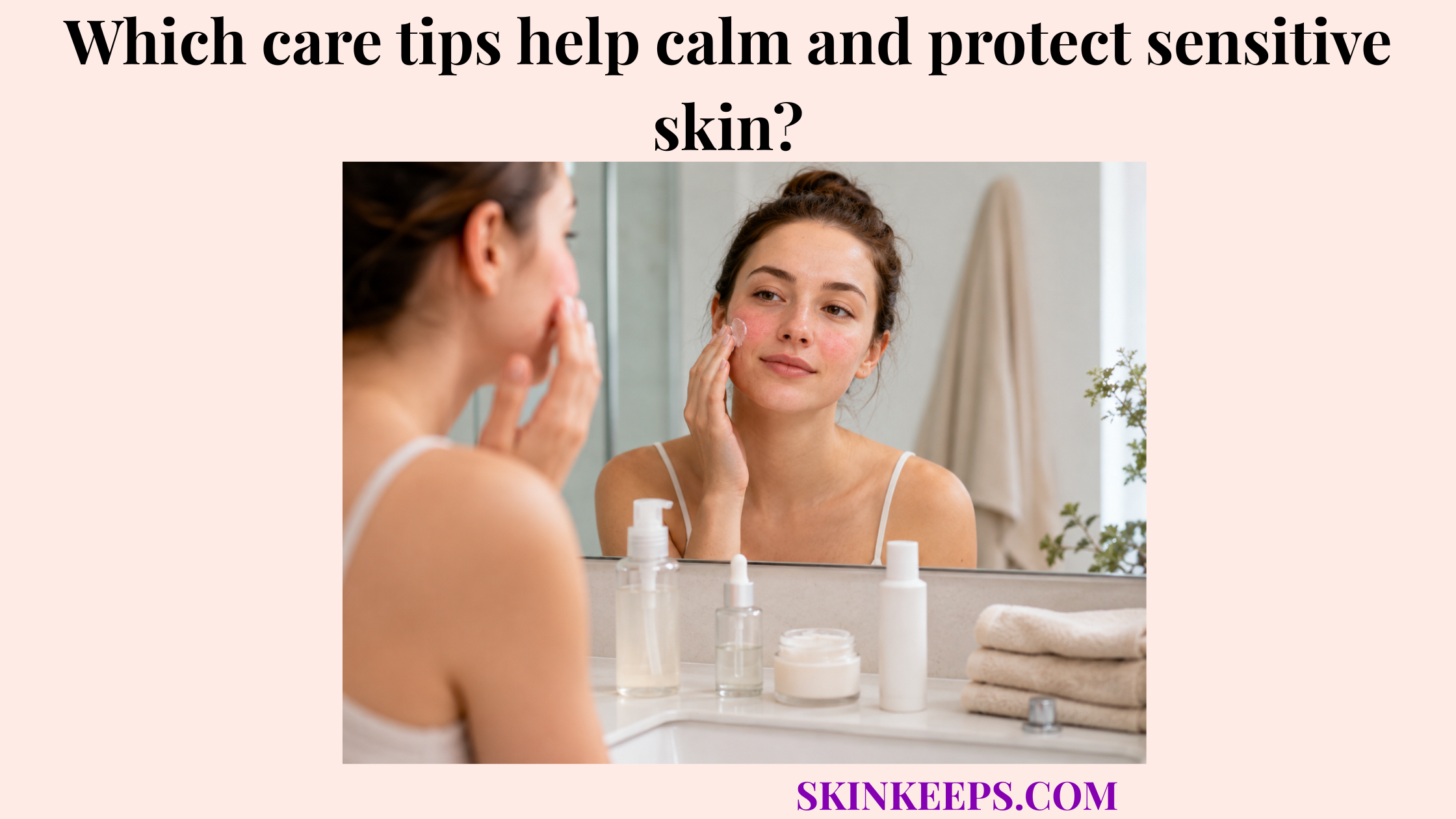Realistic illustration of a woman gently applying moisturizer to mildly red sensitive skin in a calm bathroom setting.