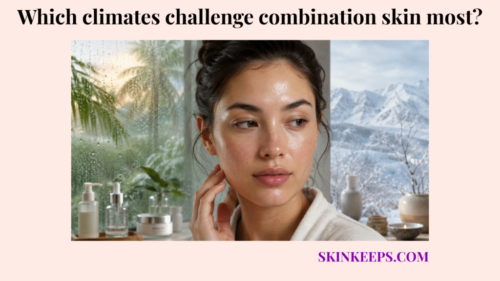 Realistic skincare image showing combination skin between humid tropical weather and cold dry climate conditions.