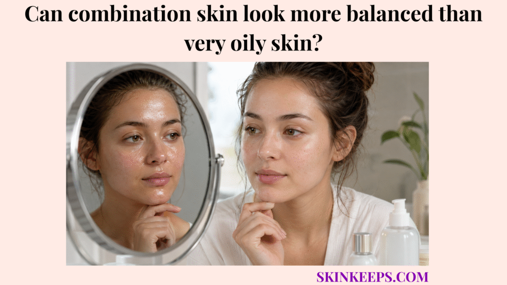 Realistic skincare image showing combination skin looking more balanced than very oily skin reflected in a mirror.