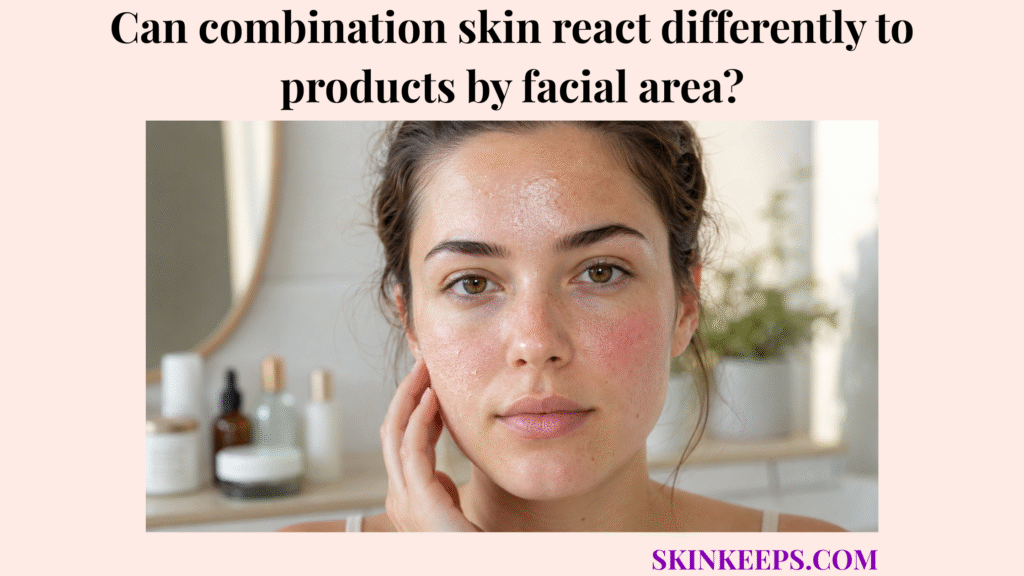 Close-up realistic skincare image showing combination skin reacting differently by facial area, with an oily T-zone, dry patches, and mild cheek redness.