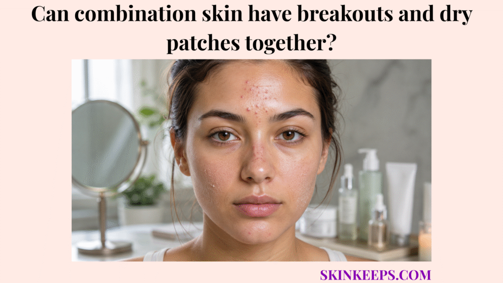 Close-up realistic skincare image showing combination skin with mild breakouts in the T-zone and dry flaky patches on the cheeks.