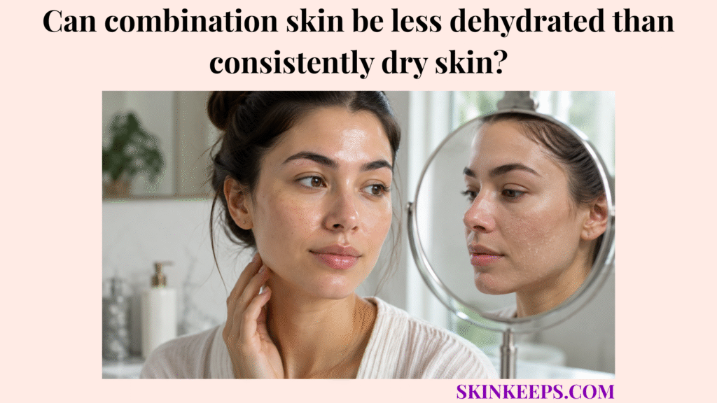 Realistic skincare image showing combination skin appearing more hydrated than consistently dry skin shown in a mirror reflection.