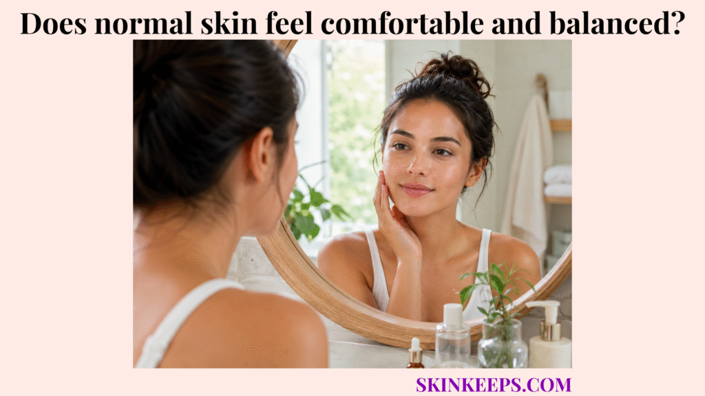Realistic skincare image showing a woman with normal skin looking comfortable, balanced, and calm in a bright bathroom mirror.