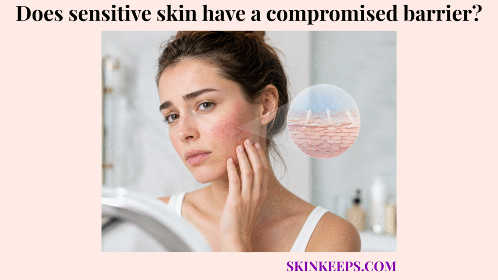 Realistic illustration of a woman touching red, irritated sensitive skin with a visual skin barrier diagram showing moisture loss and barrier weakness.