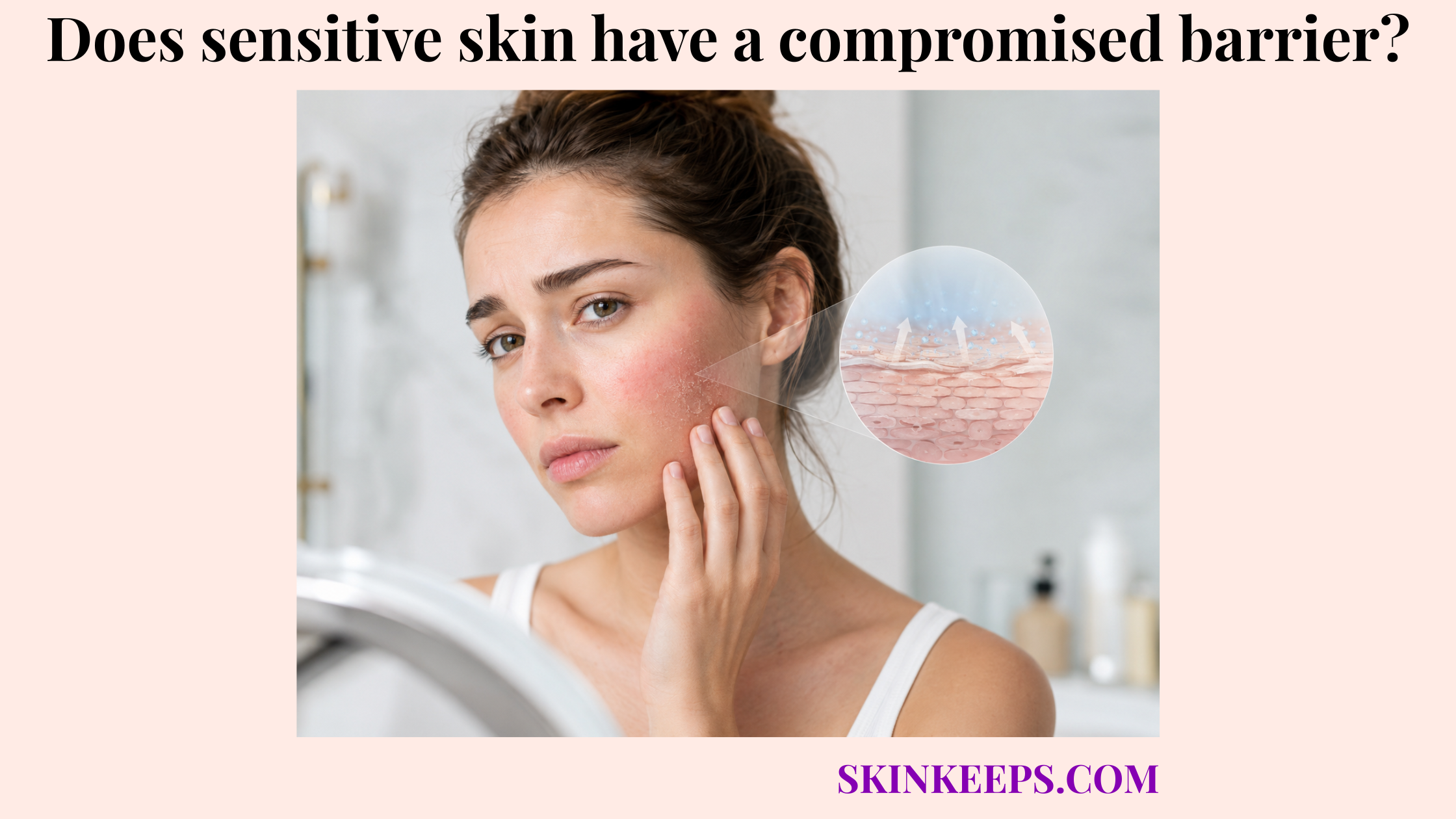 Realistic illustration of a woman touching red, irritated sensitive skin with a visual skin barrier diagram showing moisture loss and barrier weakness.