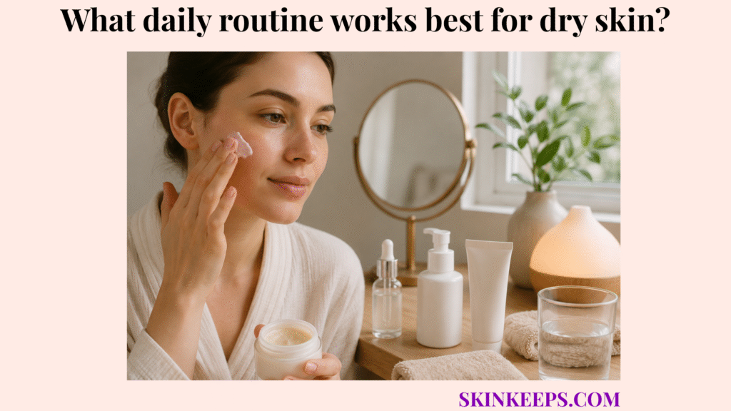 Woman applying moisturizer during a gentle daily dry skin routine with cleanser, serum, water, towel, and humidifier nearby.
