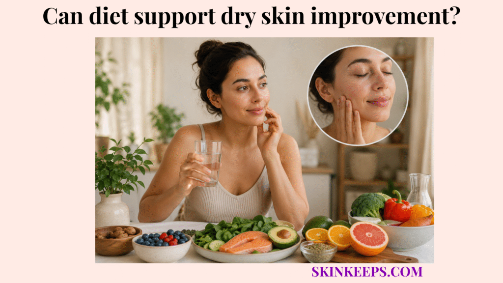 Woman holding water beside nutrient-rich foods including salmon, avocado, leafy greens, berries, citrus, nuts, and vegetables for dry skin support.