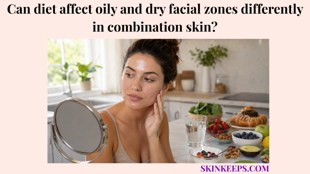 Realistic skincare image showing combination skin in a kitchen setting, with a shiny T-zone and healthy foods linked to diet and skin balance.