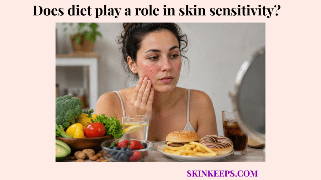 Realistic illustration of a woman with mildly red sensitive skin considering a selection of vegetables, fruit, water, and processed foods.
