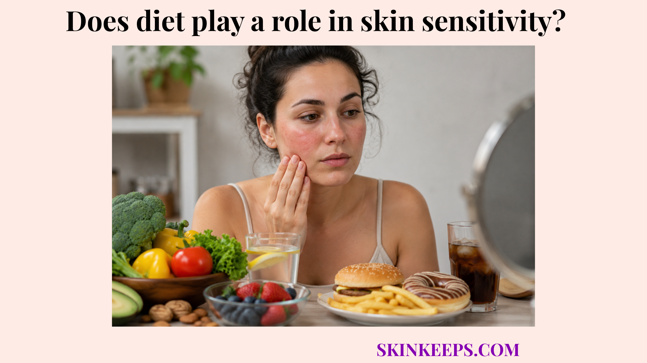 Realistic illustration of a woman with mildly red sensitive skin considering a selection of vegetables, fruit, water, and processed foods.