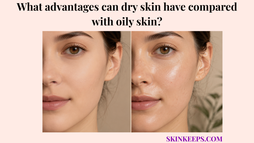 Side-by-side close-up comparison of matte dry skin texture and shinier oily skin texture on a woman’s face.