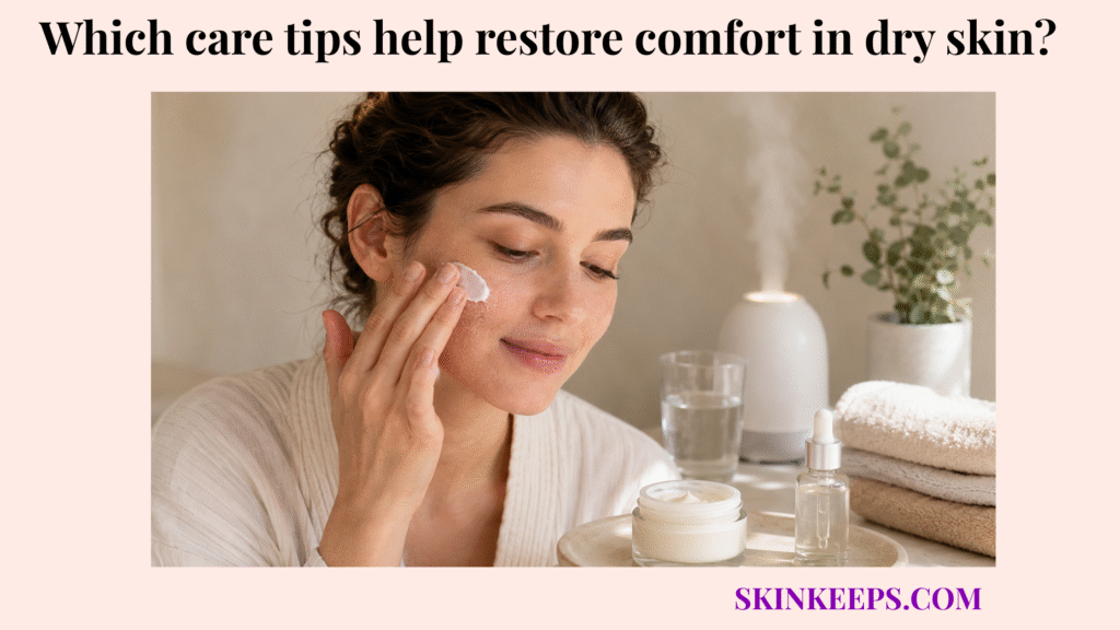 Woman gently applying moisturizer to dry facial skin beside skincare products, towels, water, and a humidifier.