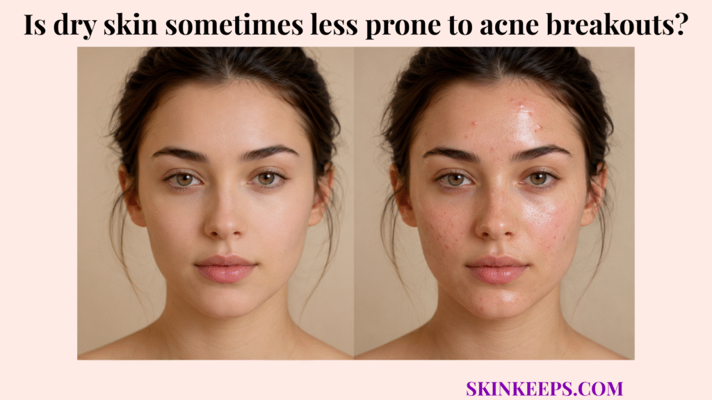 Side-by-side close-up comparison of clear matte dry skin and oilier acne-prone skin on a woman’s face.