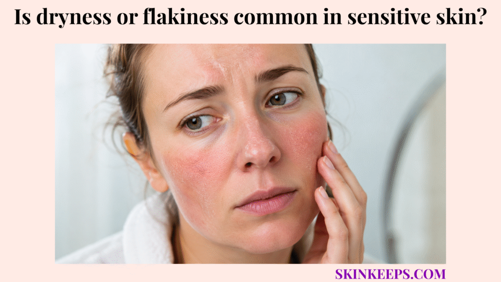 Close-up realistic illustration of sensitive facial skin showing mild redness, dryness, and flaky patches on the cheeks and nose.
