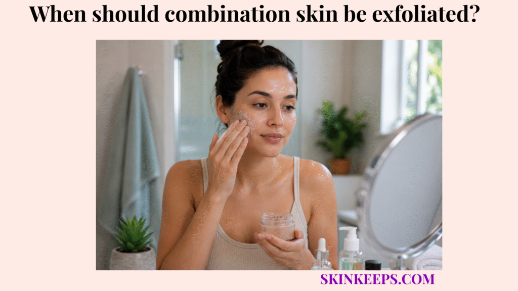 Realistic skincare image showing a woman with combination skin gently exfoliating her cheek in a clean bathroom setting.
