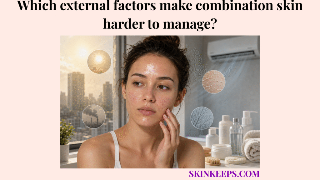 Realistic skincare image showing combination skin affected by external factors such as sun exposure, pollution, dry air, and harsh skincare products.
