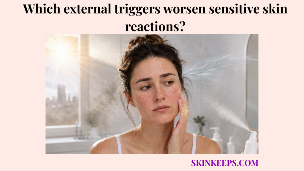 Realistic illustration of a woman with mildly red sensitive skin exposed to external triggers such as sunlight, pollution, wind, and skincare spray.