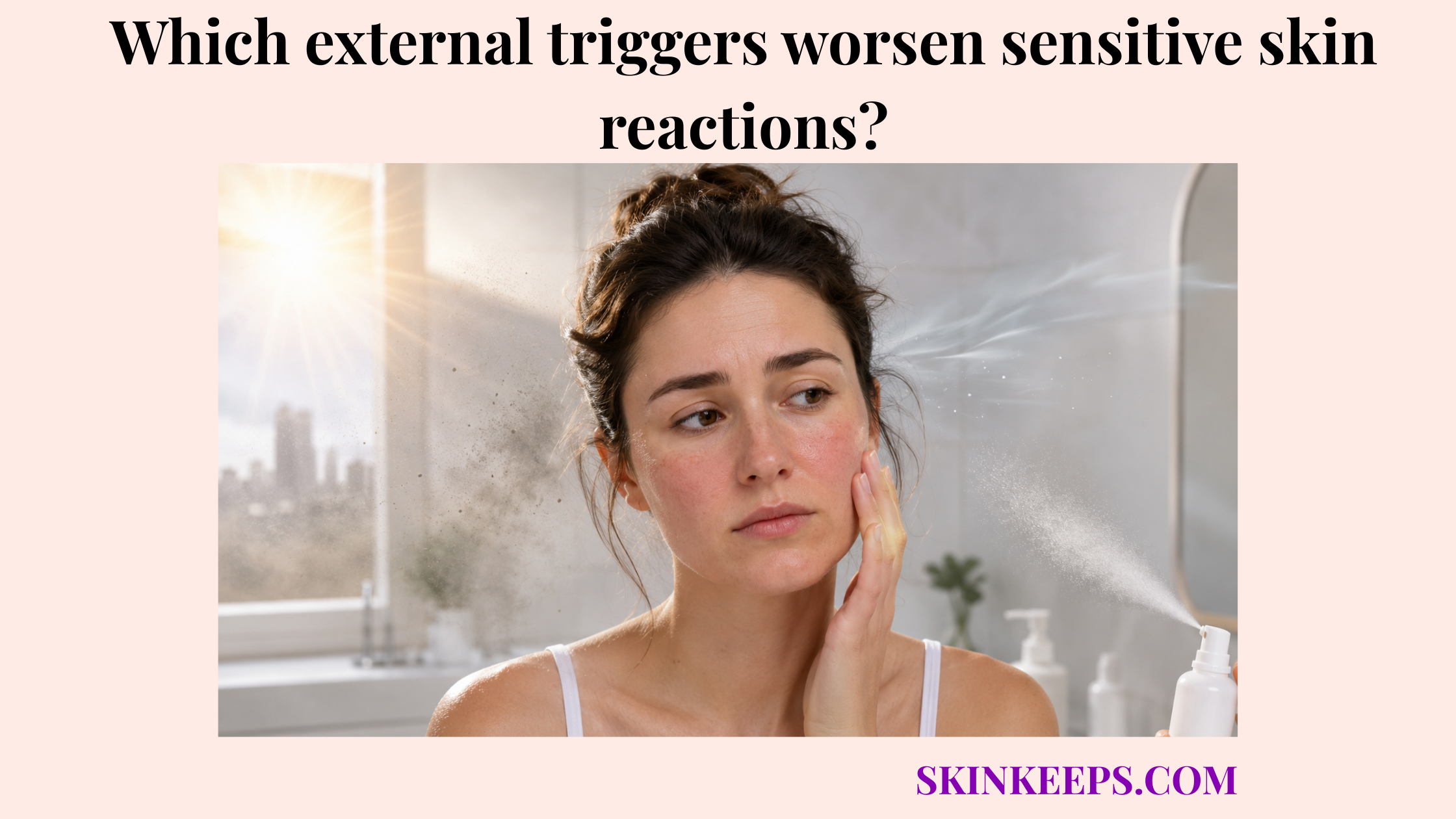 Realistic illustration of a woman with mildly red sensitive skin exposed to external triggers such as sunlight, pollution, wind, and skincare spray.