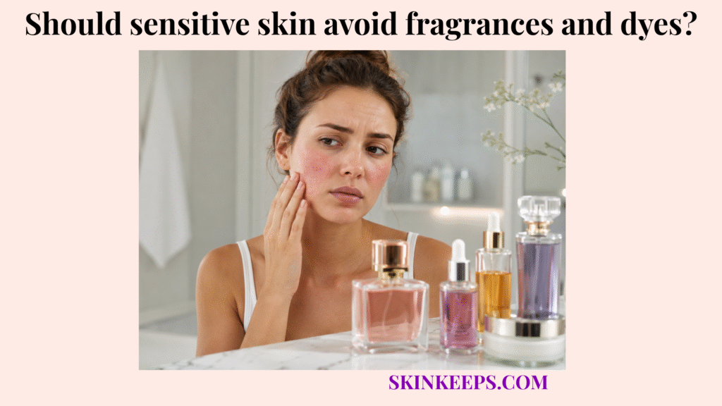 Realistic illustration of a woman touching red, irritated sensitive skin beside unlabeled fragranced and colored skincare products.
