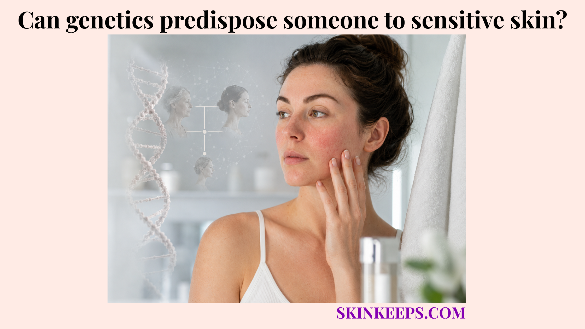 Realistic illustration of a woman touching mildly red sensitive skin with soft DNA and family-history visuals in the background.