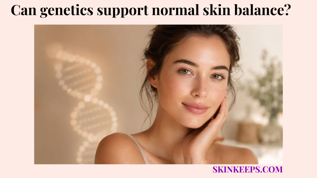Realistic portrait of balanced normal skin with a soft DNA-inspired background, suggesting how genetics may support an even, healthy-looking complexion.