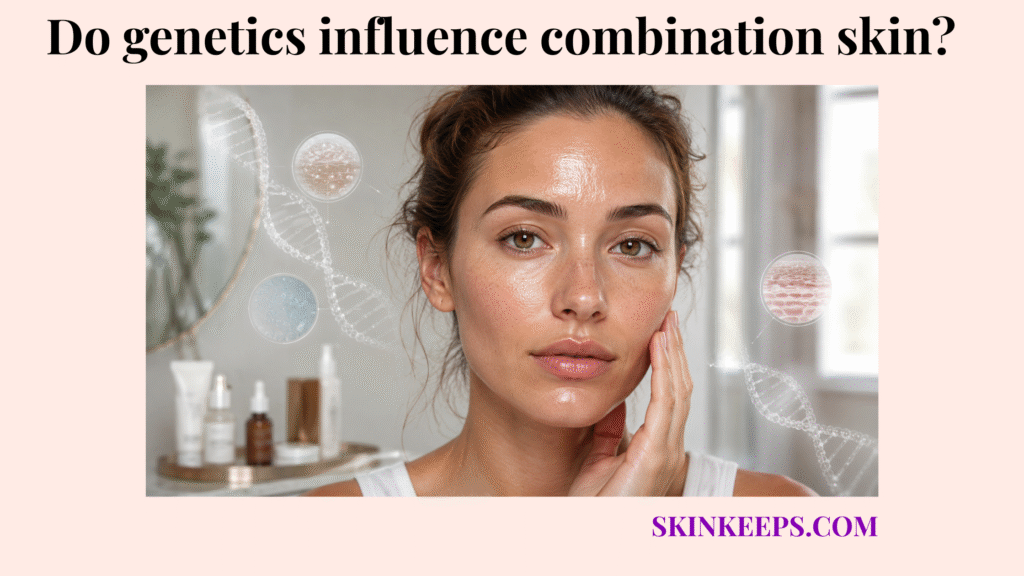 Realistic skincare image showing combination skin with a shiny T-zone and subtle DNA graphics representing genetic influence.