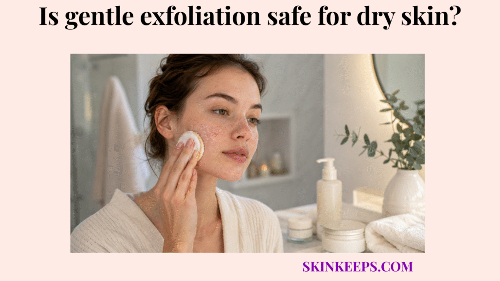 Woman gently exfoliating dry facial skin with a soft cotton pad beside mild skincare products and towels.